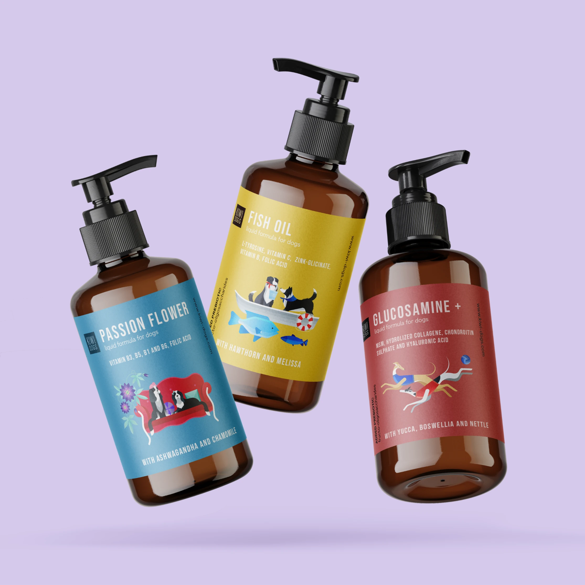 Illustrated labels created for Kiwi Dogs’ liquid dog food range