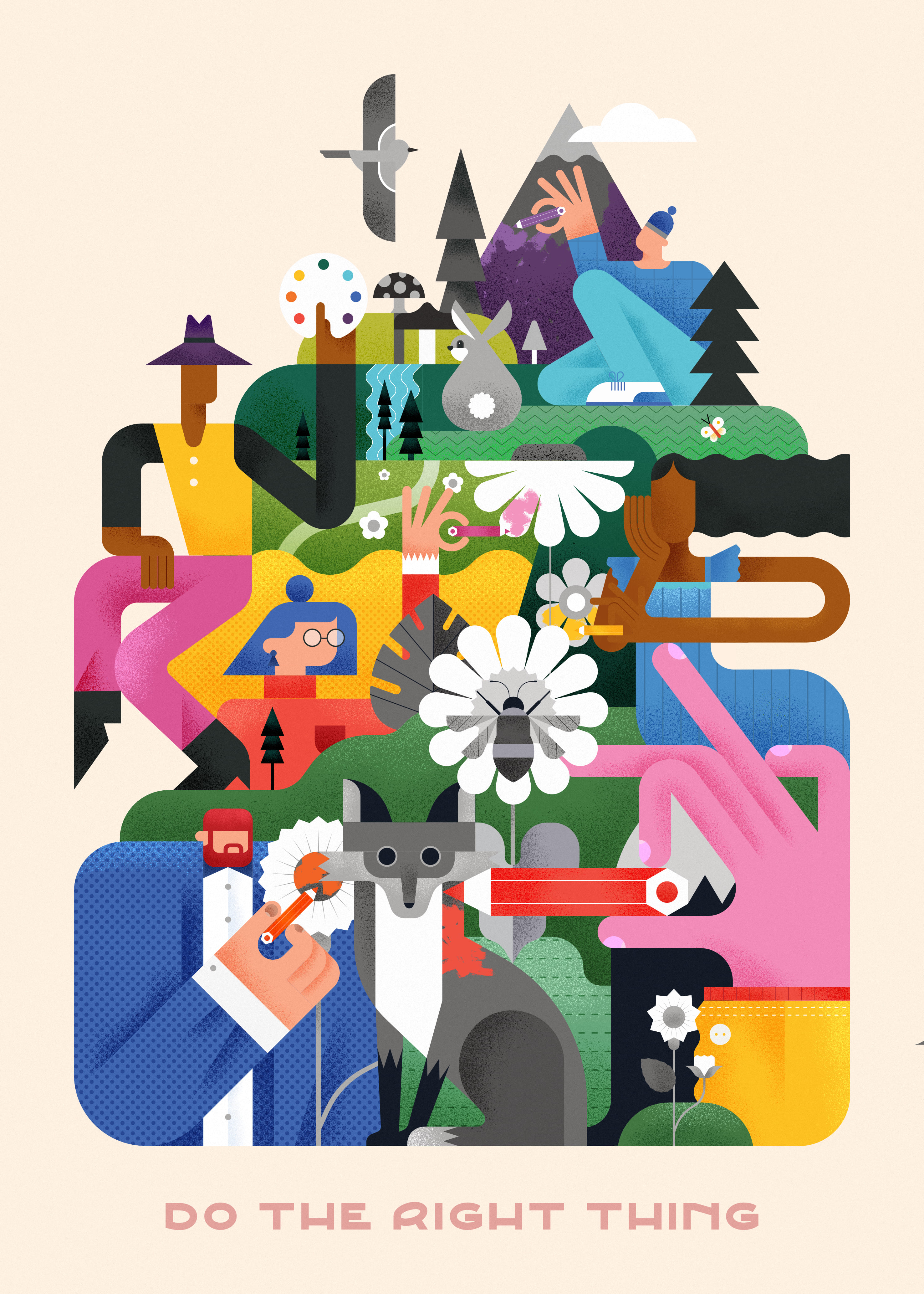 Illustrated poster for the Poster for Tomorrow competition showing people, nature and environmental themes.