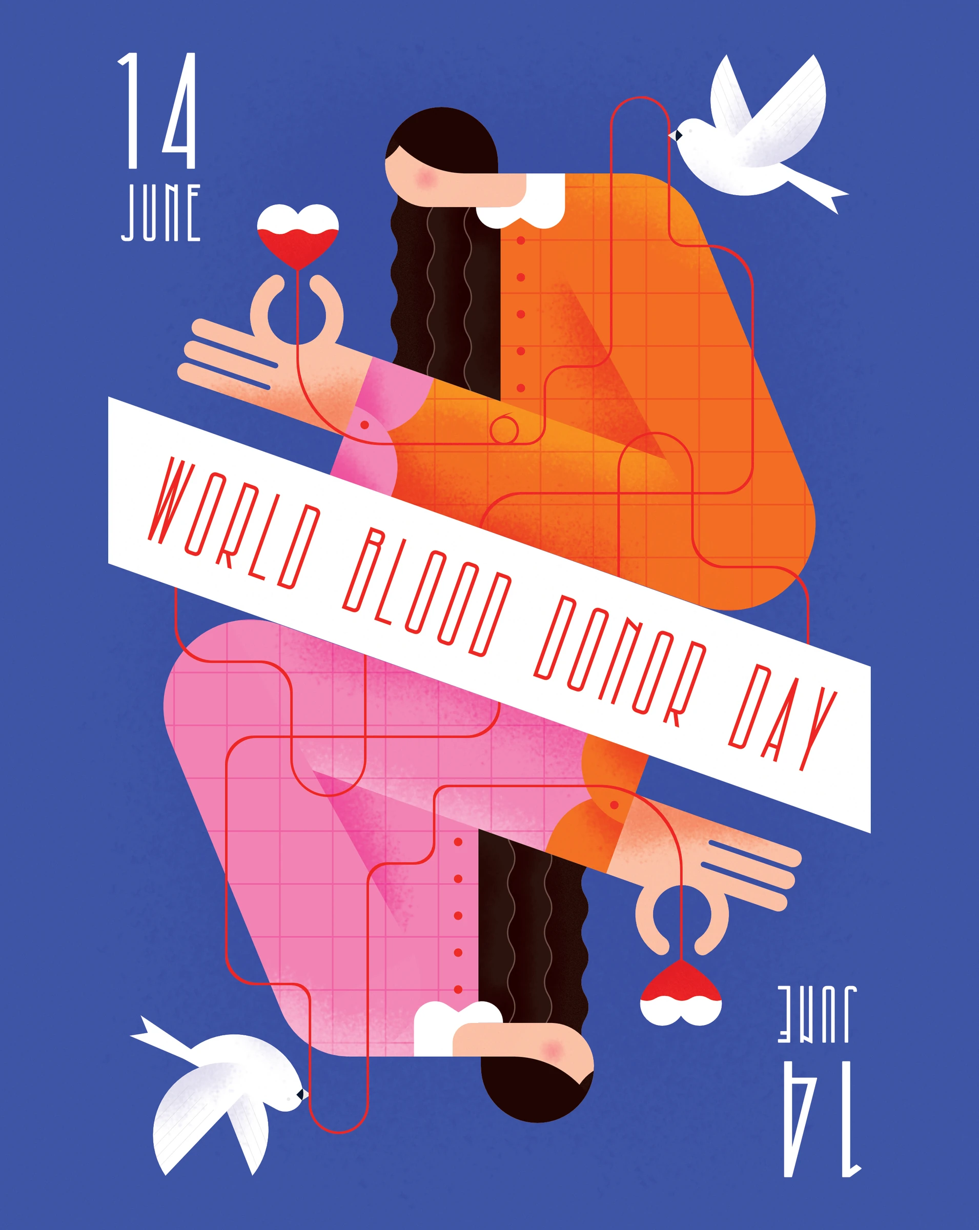 Poster illustration for World Blood Donor Day featuring a blood drop, donation tubes and symbolic figures.