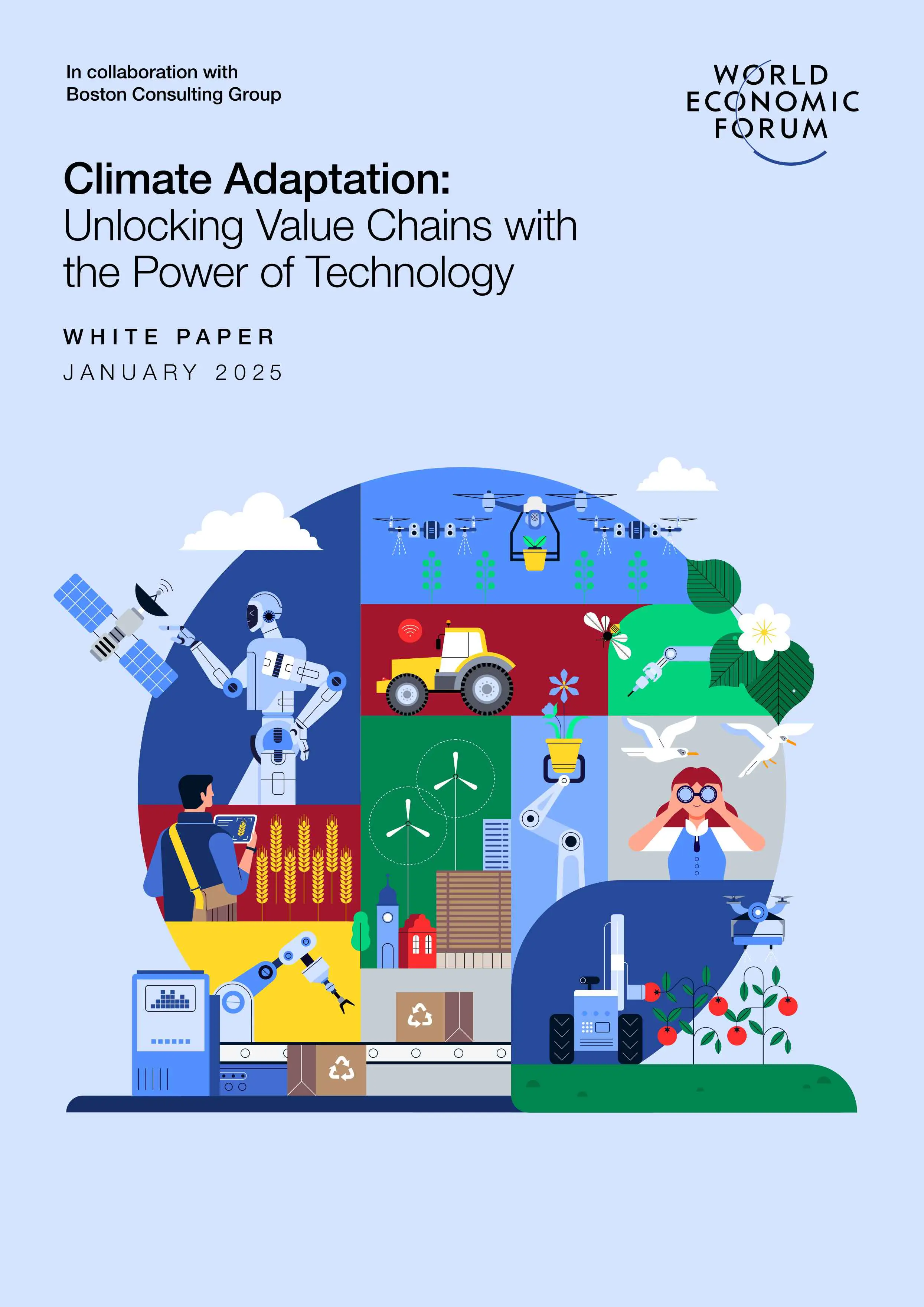 Illustrated cover for a World Economic Forum white paper about climate adaptation, showing technology, agriculture, drones and renewable energy.