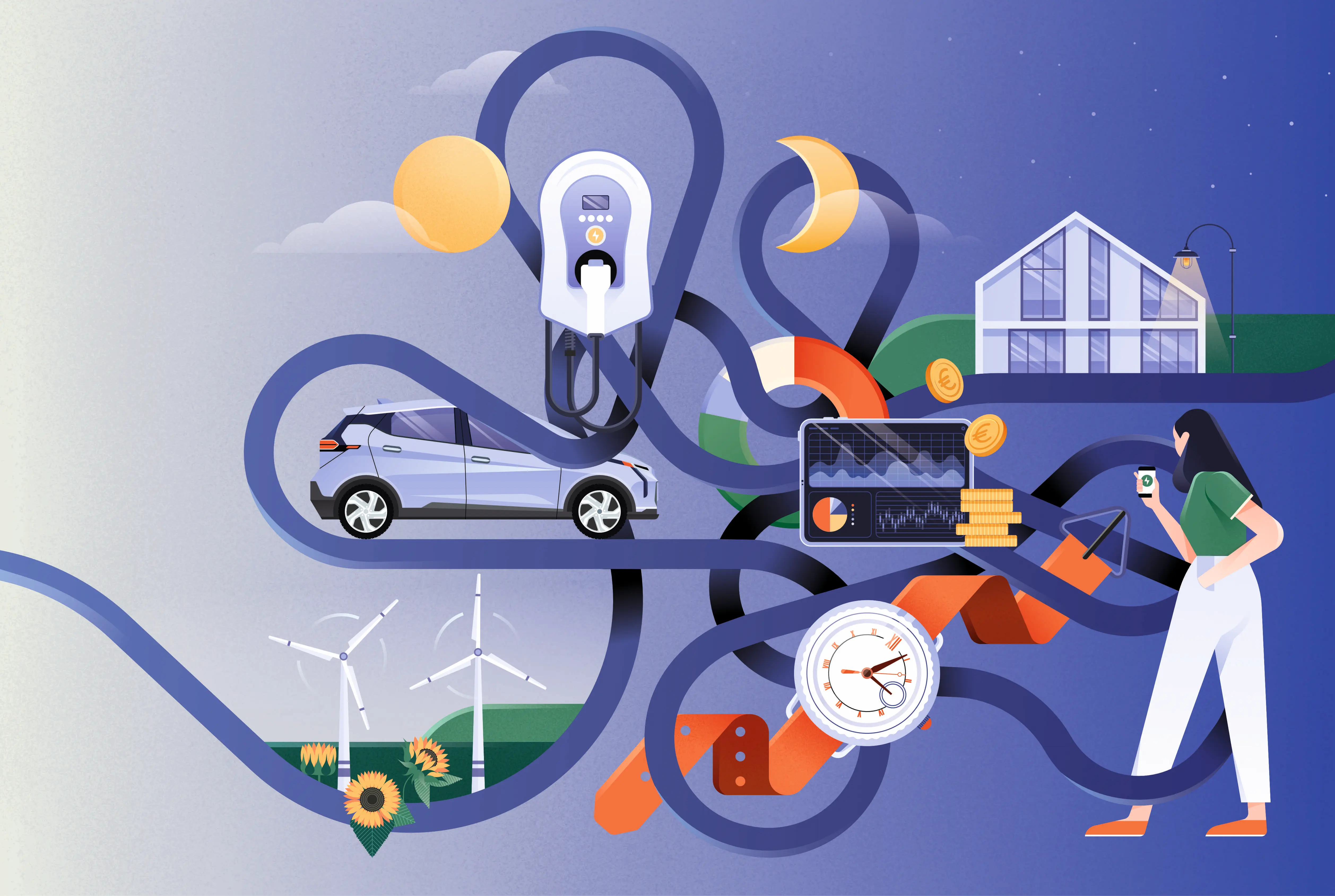Conceptual illustration connecting an electric car, charging station, home, renewable energy, time and energy costs