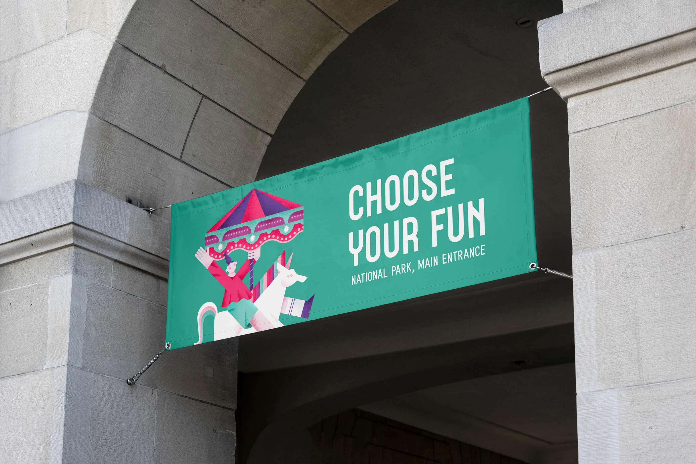 Choose Your Fun festival entrance banner under a stone arch