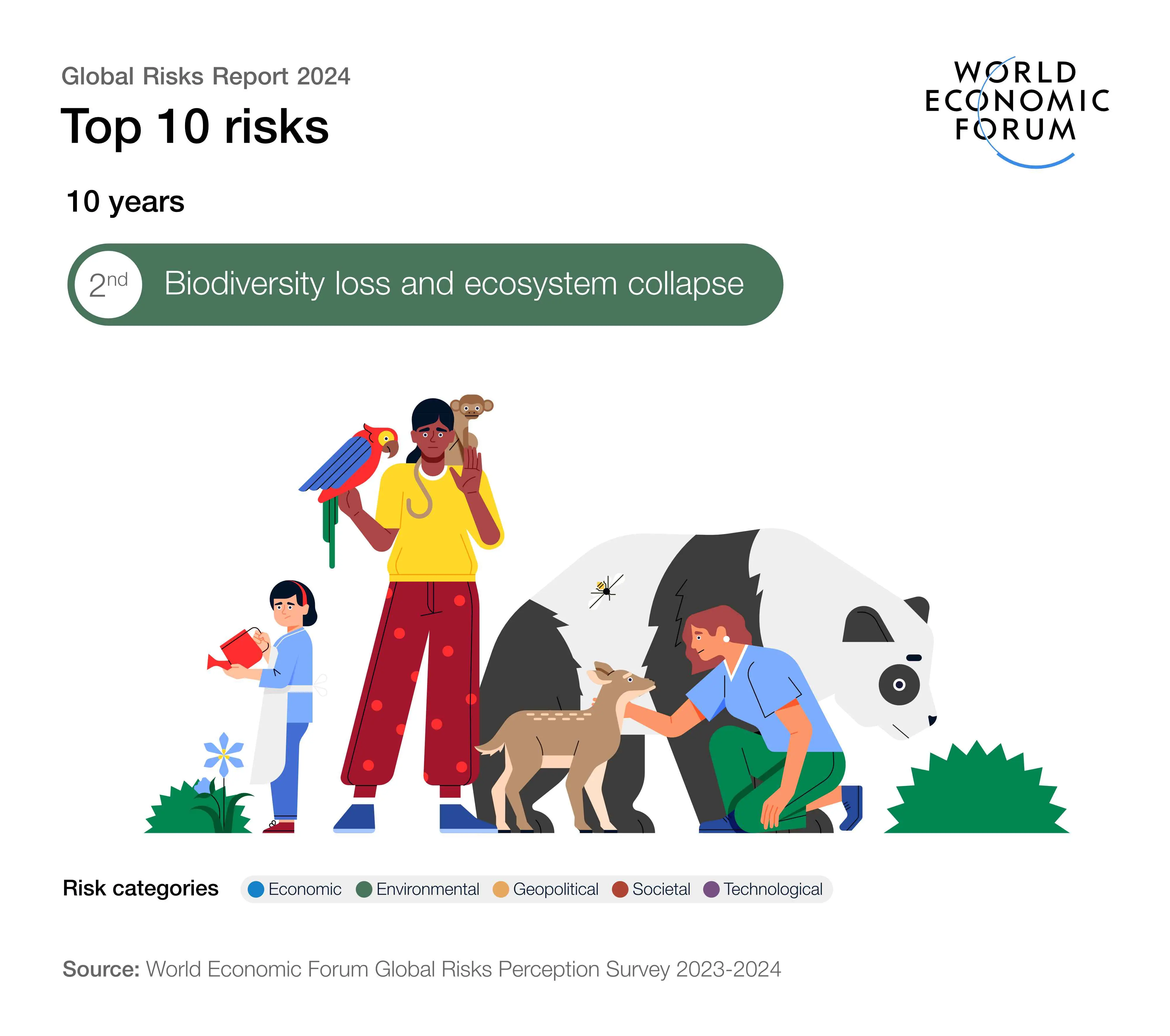 Editorial illustration about biodiversity loss and ecosystem collapse with people interacting with animals, created for the World Economic Forum Global Risks Report 2024.