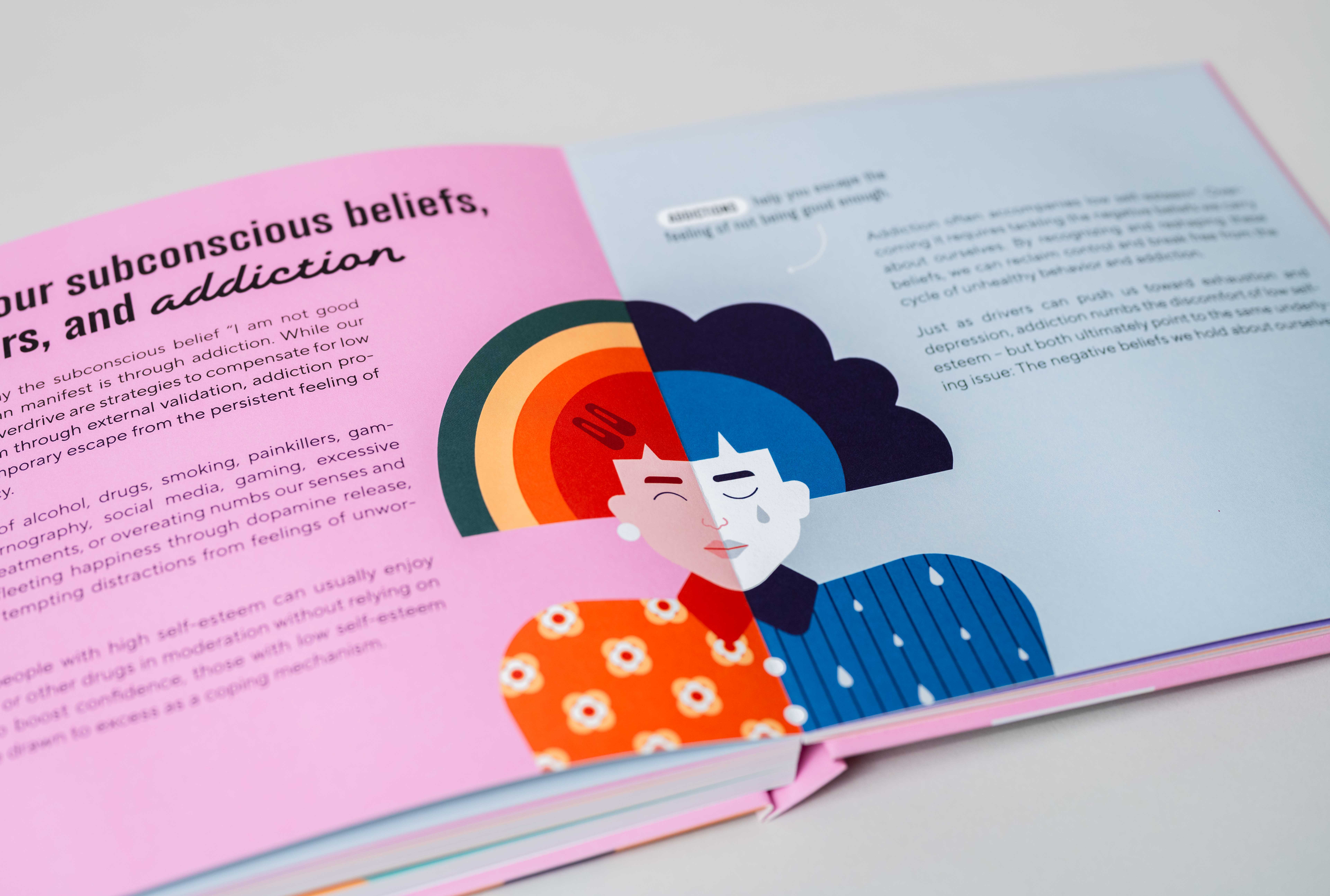 Close-up of the illustrated spread about subconscious beliefs, showing a character with contrasting emotions.