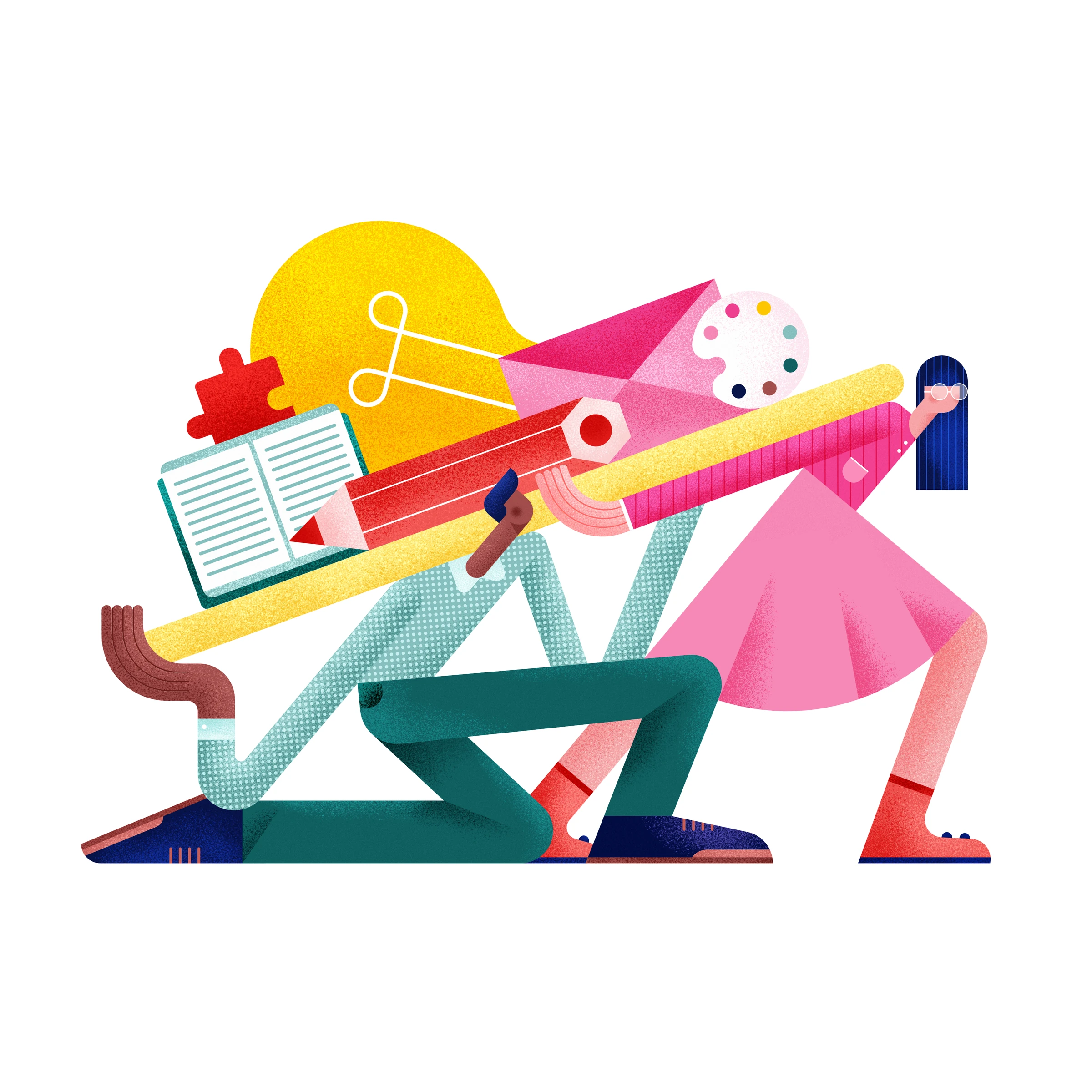 Two characters carrying creative tools and a light bulb in a startup illustration.