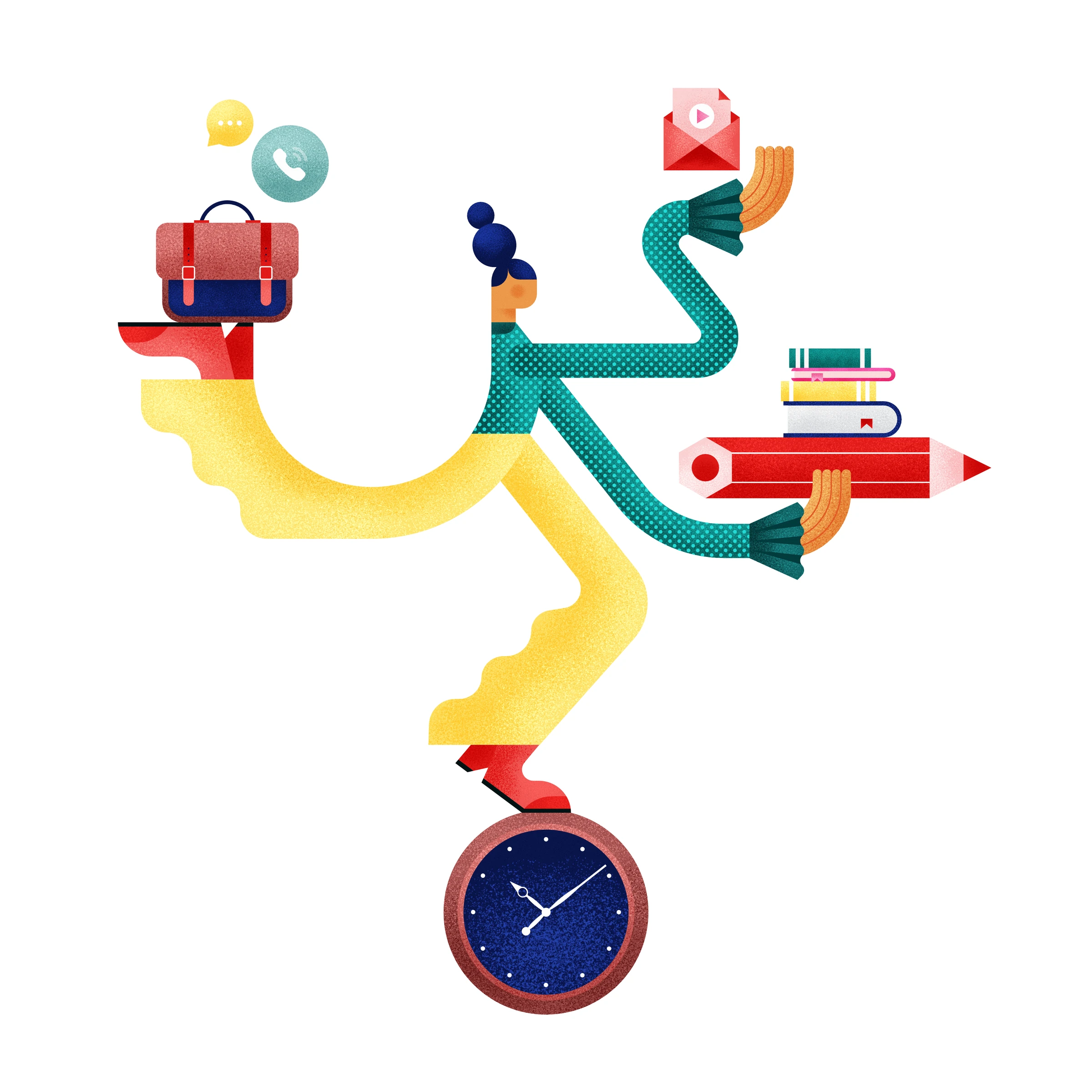 A multitasking character balancing work and books on a clock.