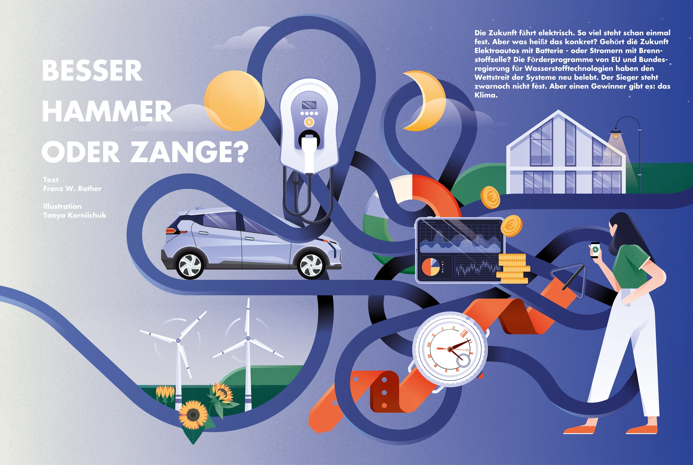 Electrified Magazine editorial spread about electric mobility, with the headline Besser Hammer oder Zange and illustration credit to Tanya Korniichuk