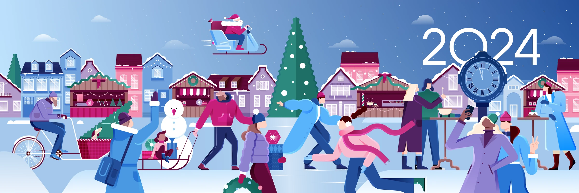 World Economic Forum 2024 winter panorama with a festive market, ice skaters and snowy city streets